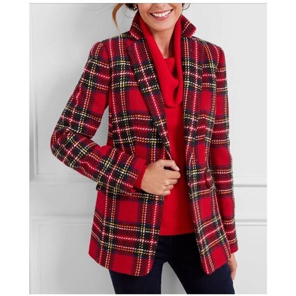Talbots Snowstorm Blazer Sz 10 Red Tartan Plaid Wool Blend Holiday Jacket Lined - Picture 1 of 13